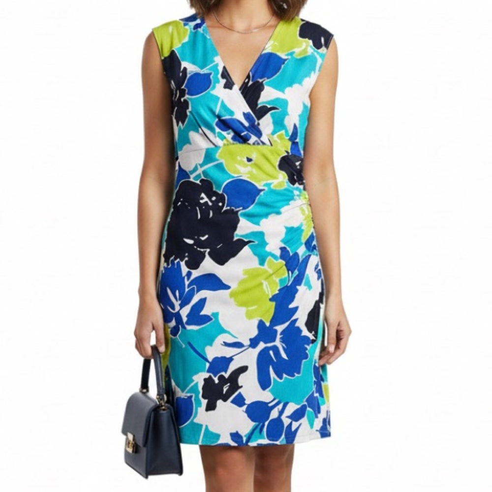 Glamour Petite Floral Print V-Neck Dress,‎ Blue, Green & White Midi - 4P, NWOT
